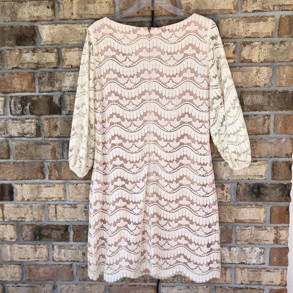 Eliza J Cotton Blend Puff 3/4 Sleeves Ivory Lace Nude Line Back Zipper Dress 10 - Picture 6 of 16